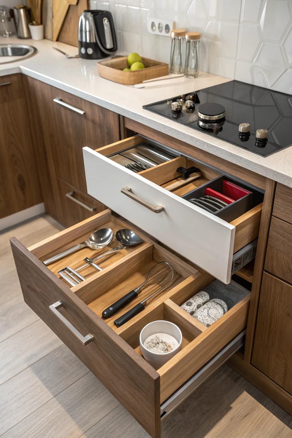 Slanted shelves offer streamlined and effective storage options.