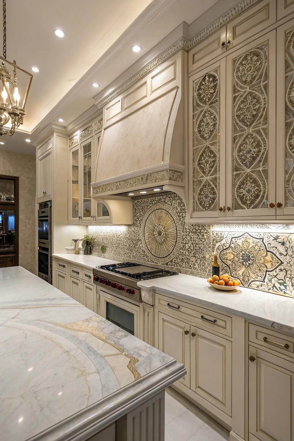 Sophisticated kitchen showcasing marble and mosaic elegance.