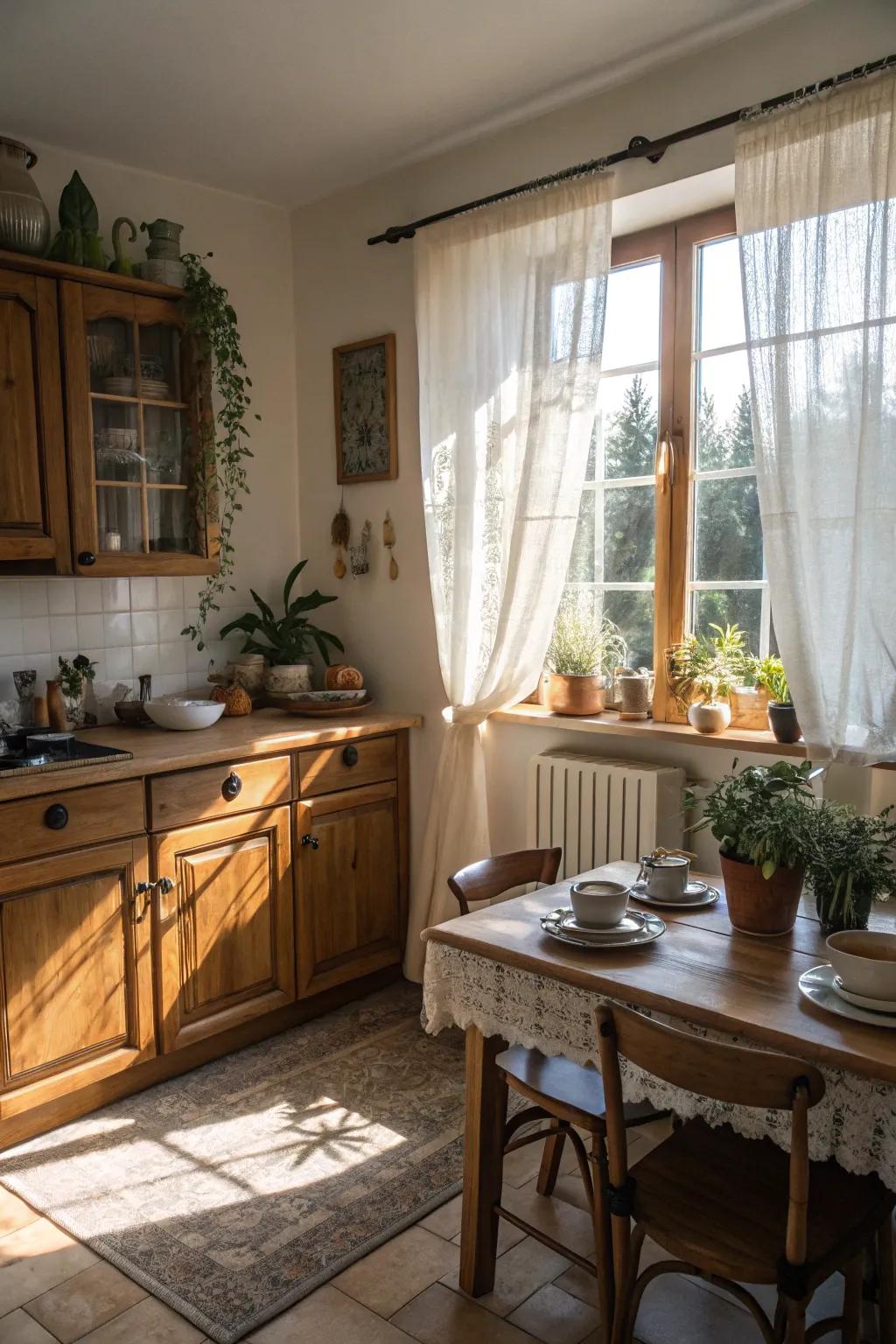 Bistro window coverings introduce country charm while welcoming in natural light.