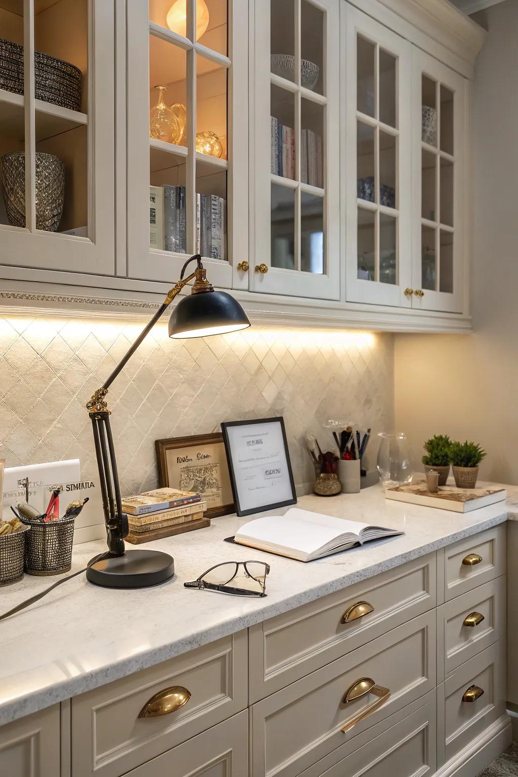 A well-illuminated kitchen desk space featuring under-cabinet lights along with an exquisite desk lamp.