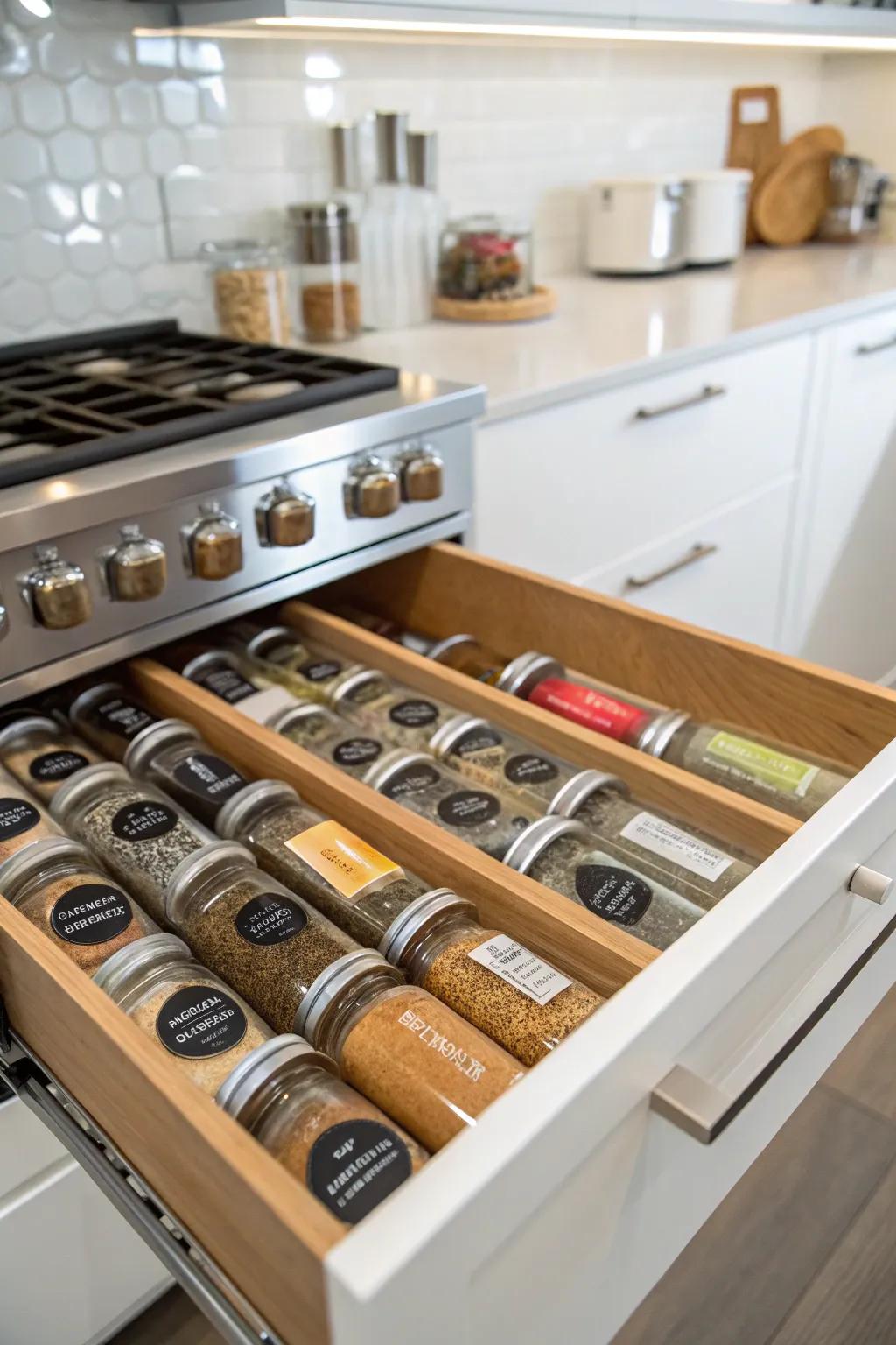Arrange your spices in labeled containers for easy access and a polished look.