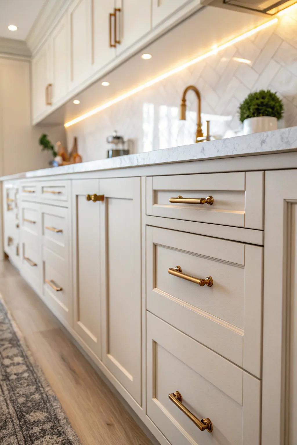 Sophisticated refined brass hardware that complements bright-colored cabinetry.