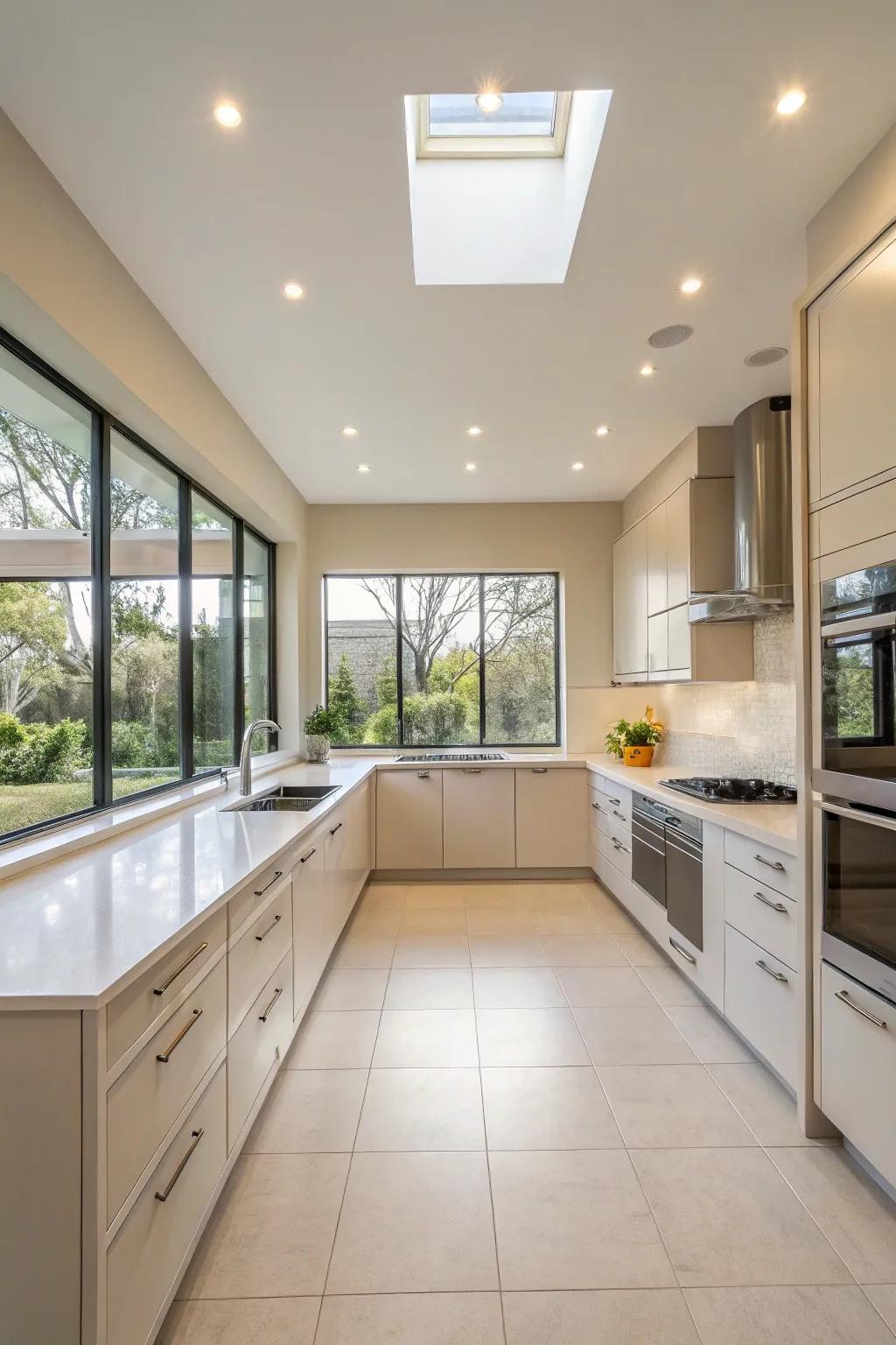 Recessed lights giving a smooth and modern appearance.