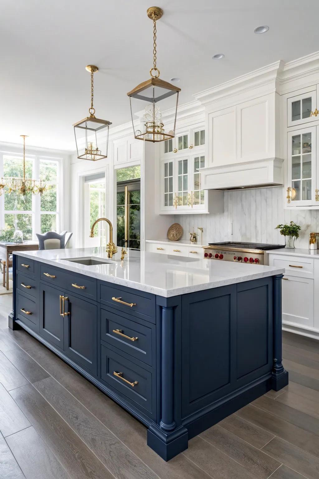 A striking deep sea kitchen island transforms into an elegant centerpiece within this refined kitchen.