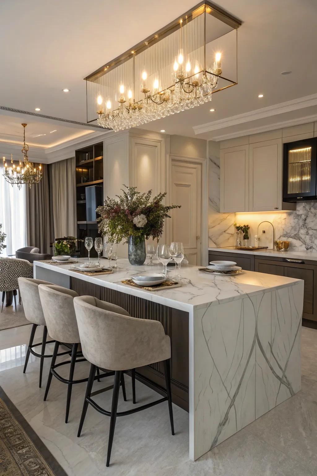 An elegant eating table is created from a stylish marble island.