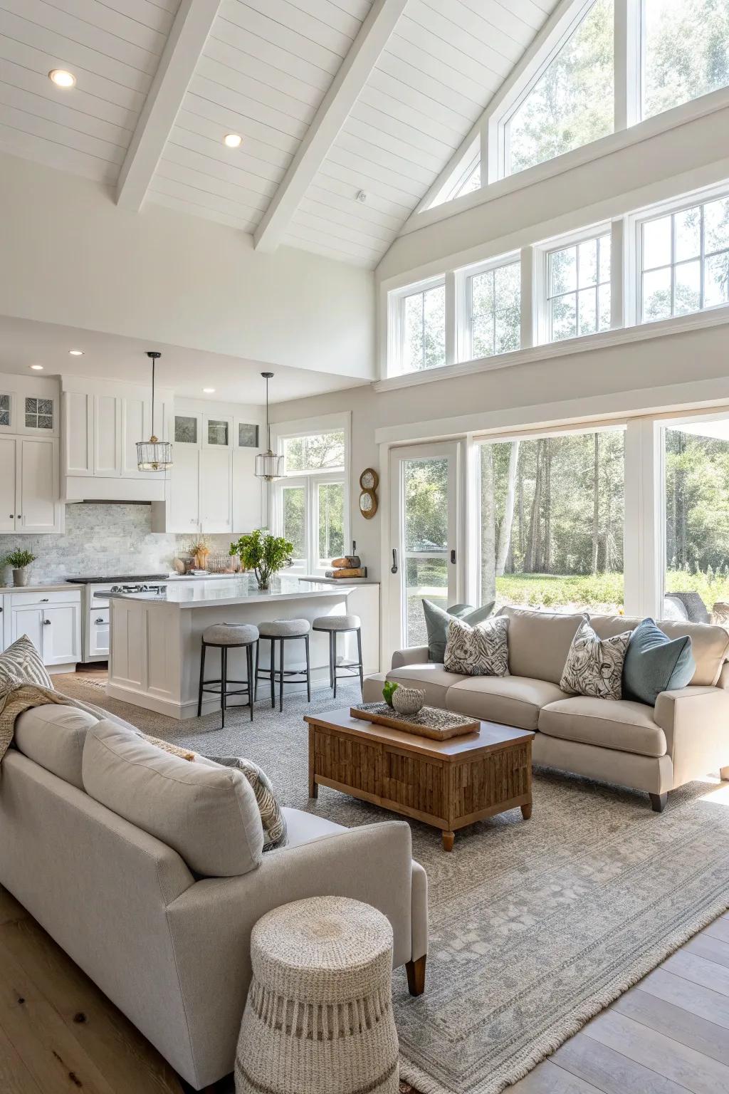 Soft hues establish a revitalizing and expansive ambiance in this open-plan design.