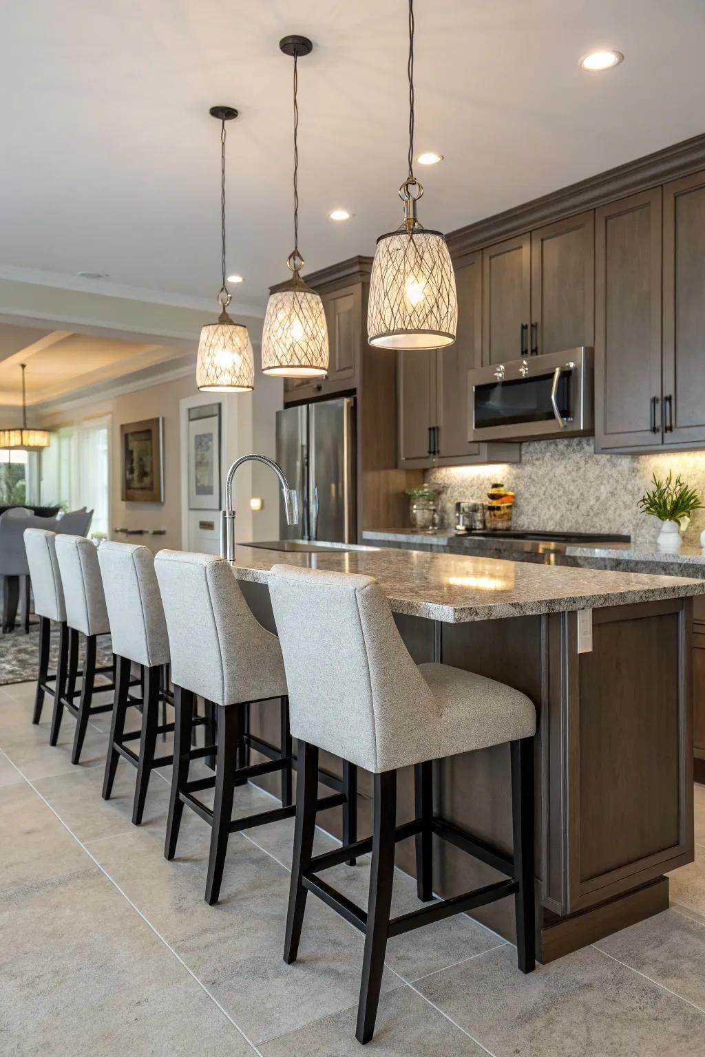 A kitchen counter with seating, perfect for relaxed meals.