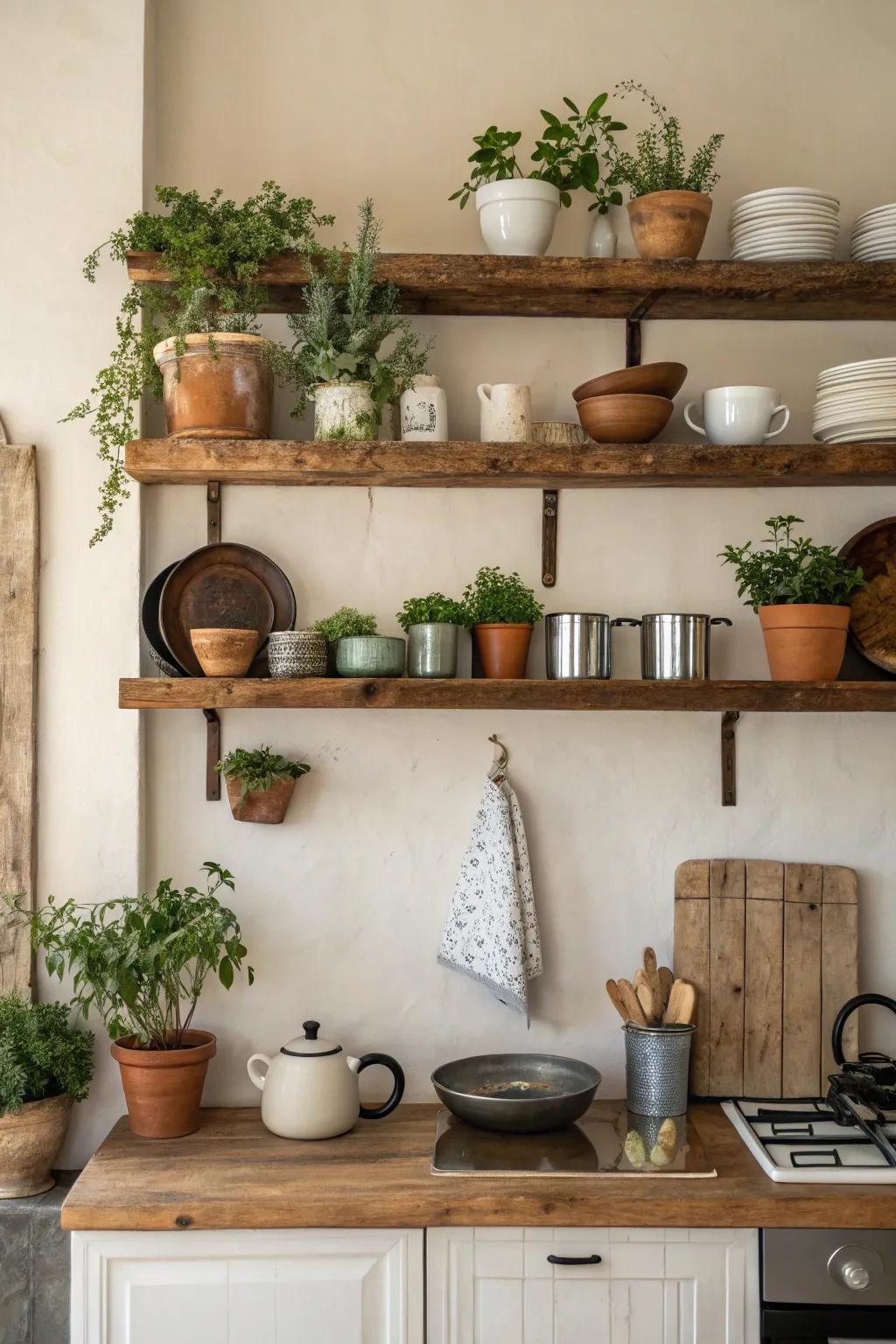 Rustic wood shelving adding warmth and charm.