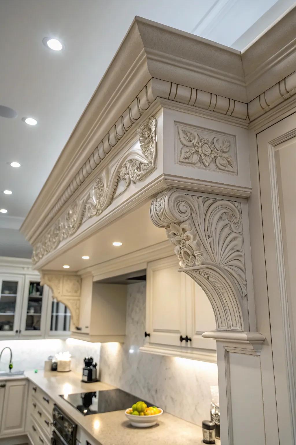 Elegant moldings highlight the kitchen soffit, adding a layer of sophistication.