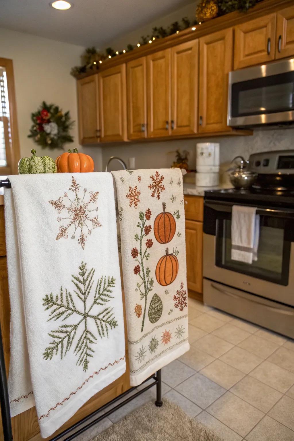 Seasonal linens bring a festive touch to your kitchen.