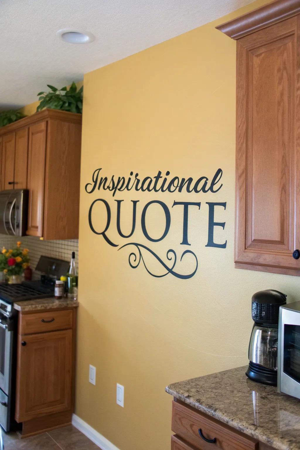 A kitchen wall decorated with a stylish quote, adding character and coziness.
