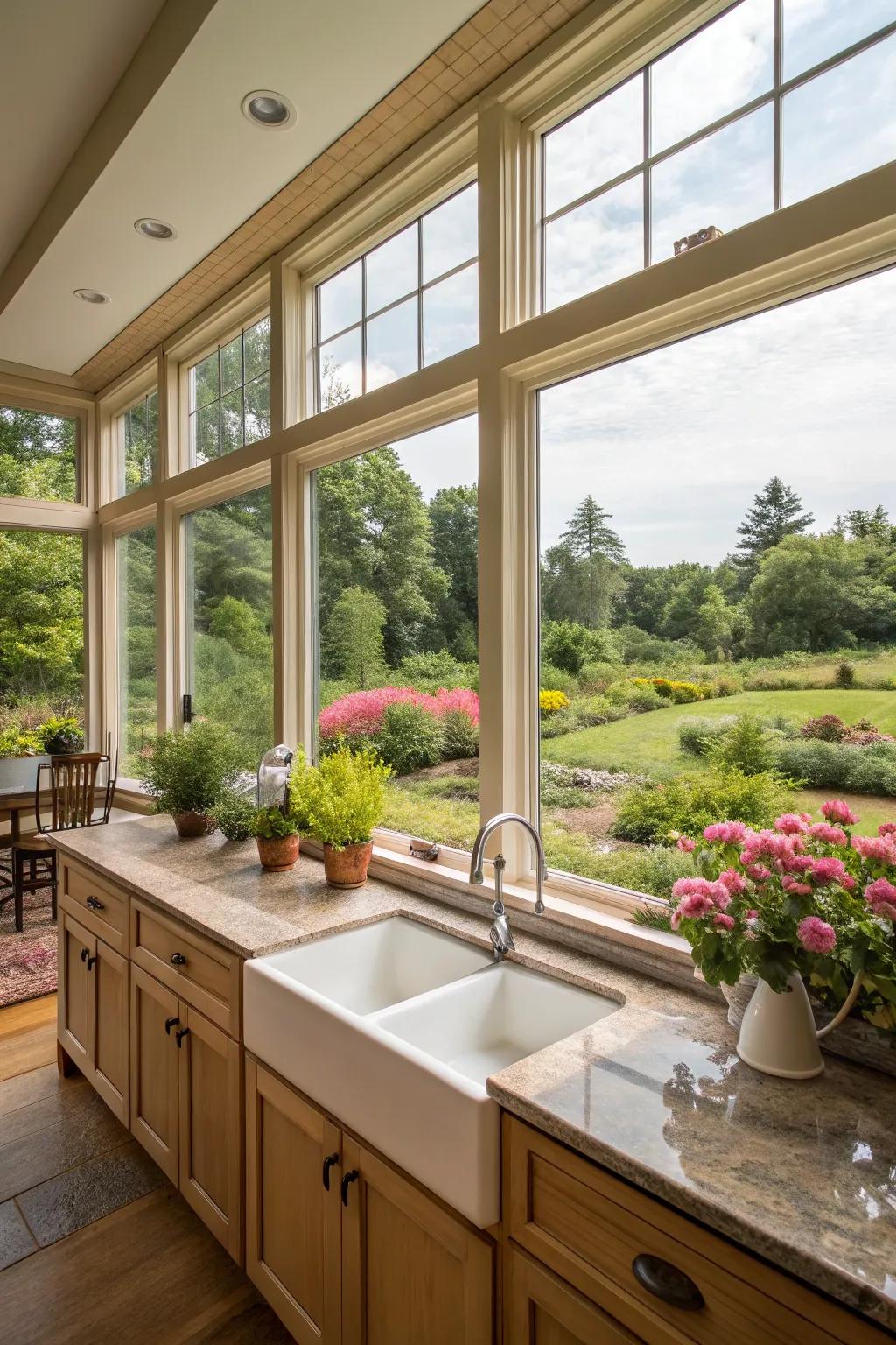 A kitchen features expansive scenery windows that provide a stunning view of the yard.