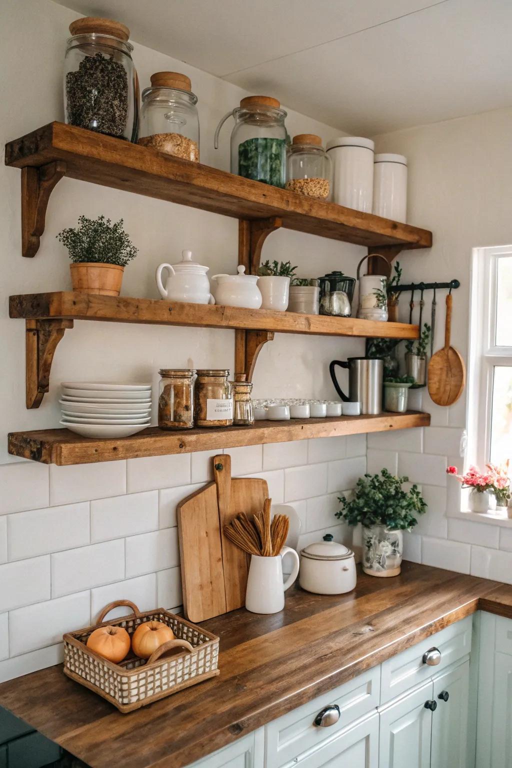 Weathered wood racks add heat and personality to any kitchen.