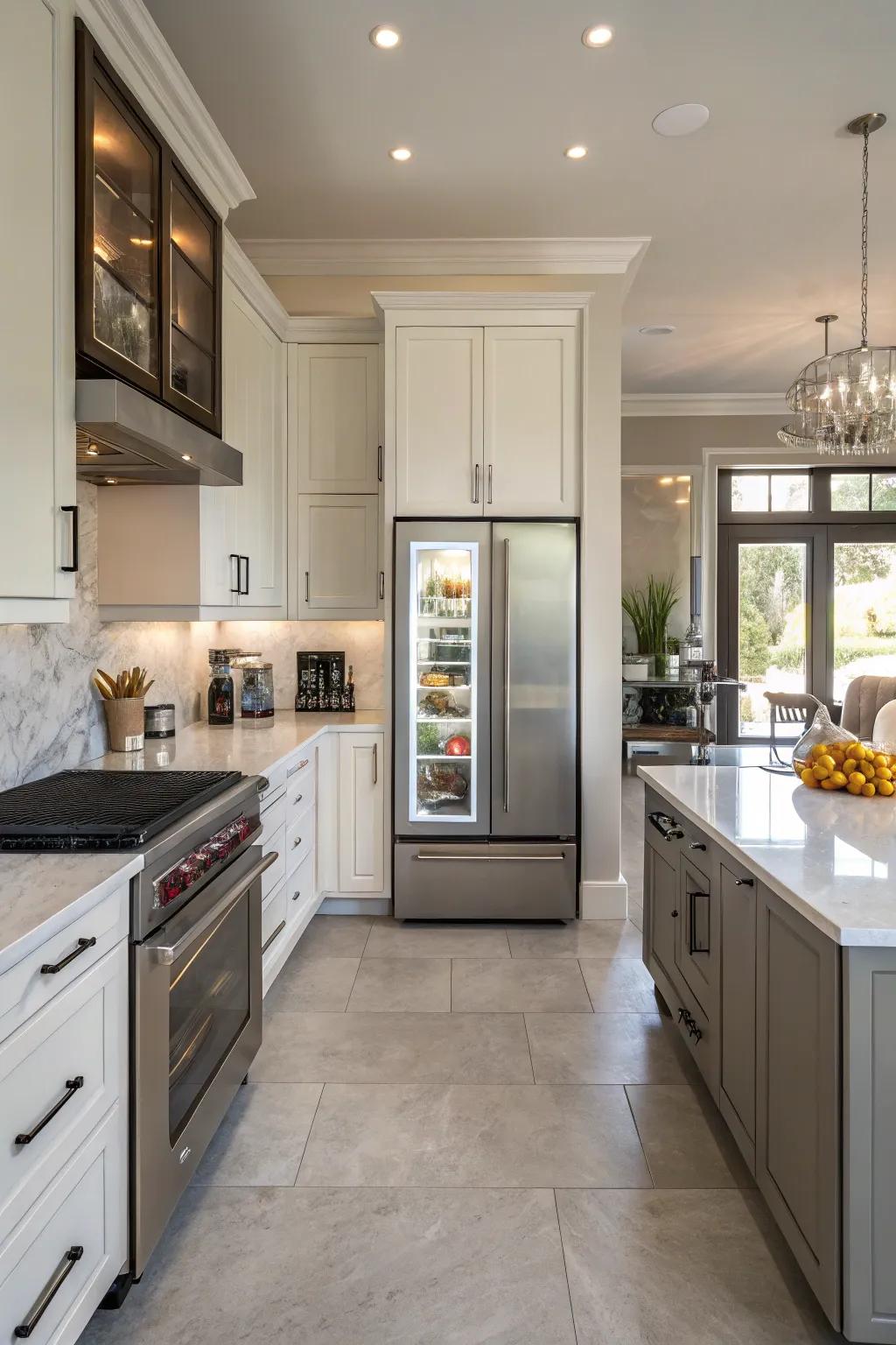 A stylish kitchen featuring a dual-door fridge that balances storage with elegance.