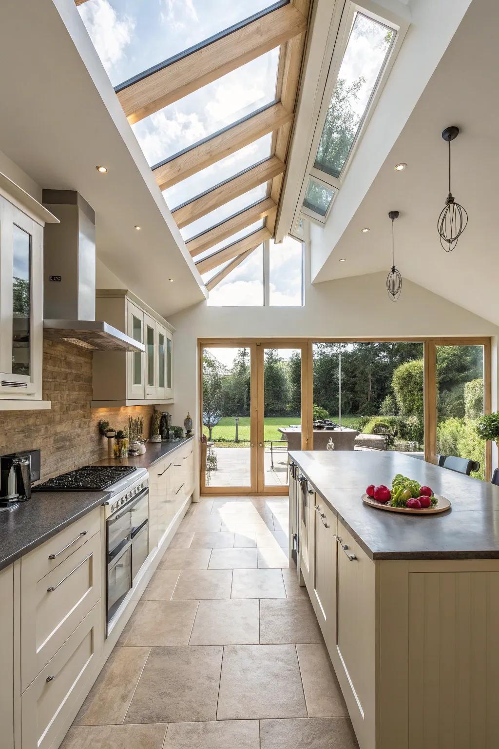 Overhead lights illuminate this kitchen, showcasing its vaulted ceiling and spacious arrangement.