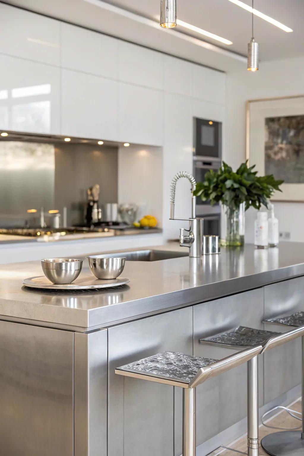Stainless steel countertops provide a streamlined, professional aesthetic.