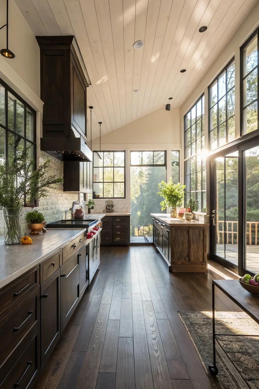 Natural light fills this kitchen, highlighting the dark floors and creating an airy atmosphere.