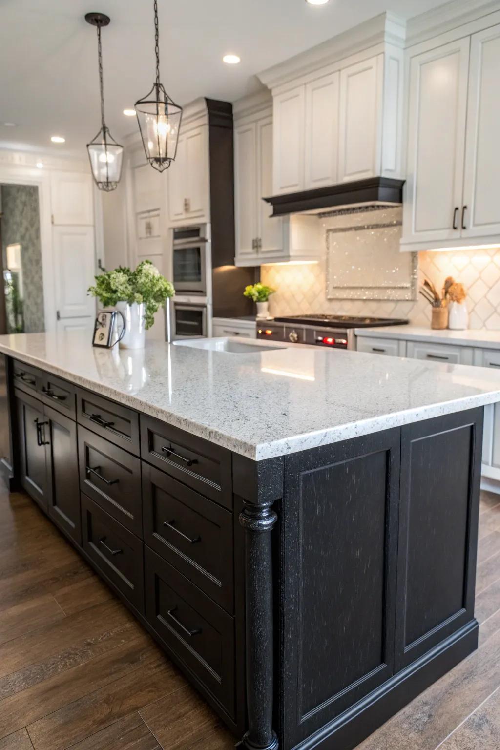 An island with a striking contrast, showcasing a dark base topped with bright quartz.