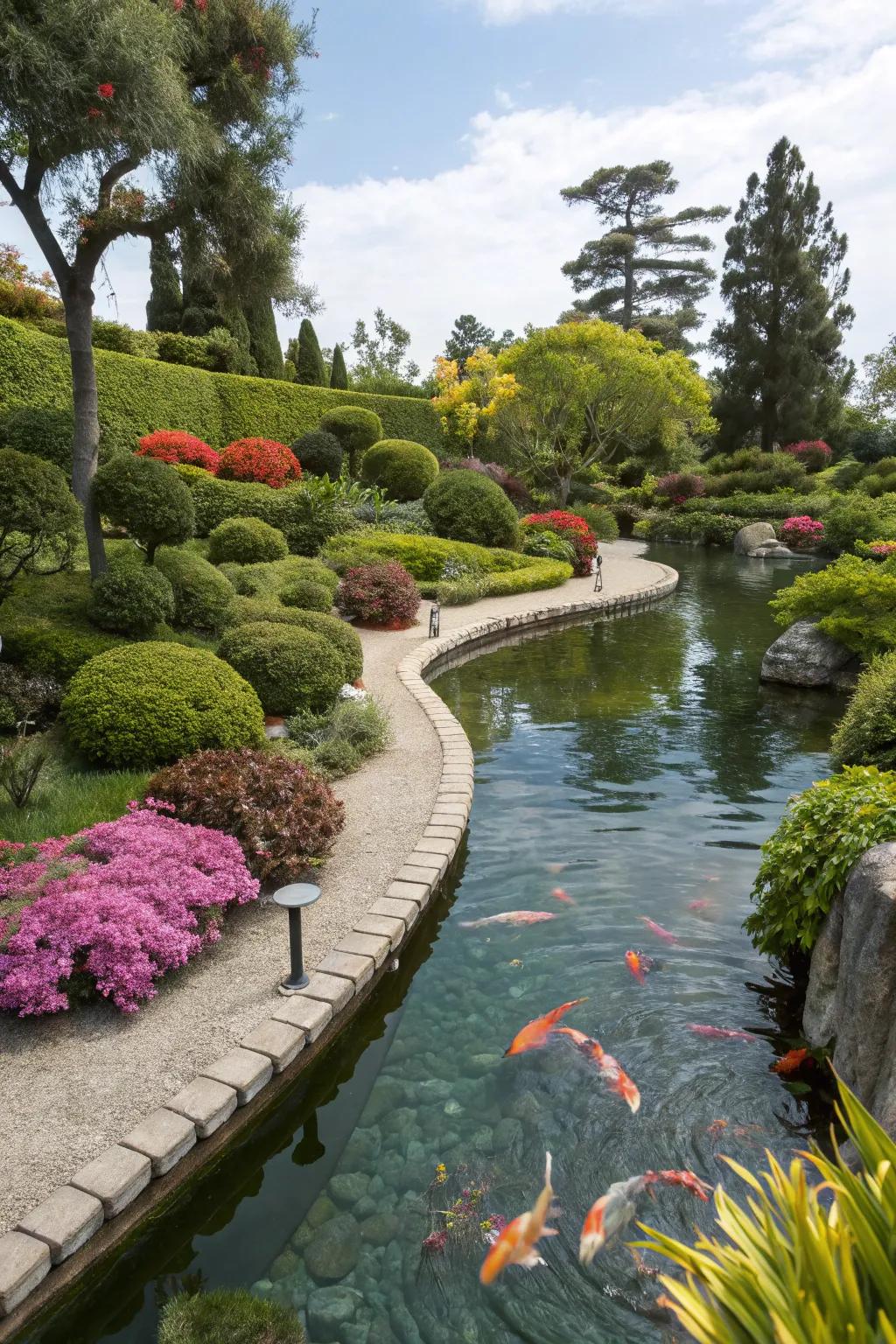 A vivid burst of nature encircles this koi pond.