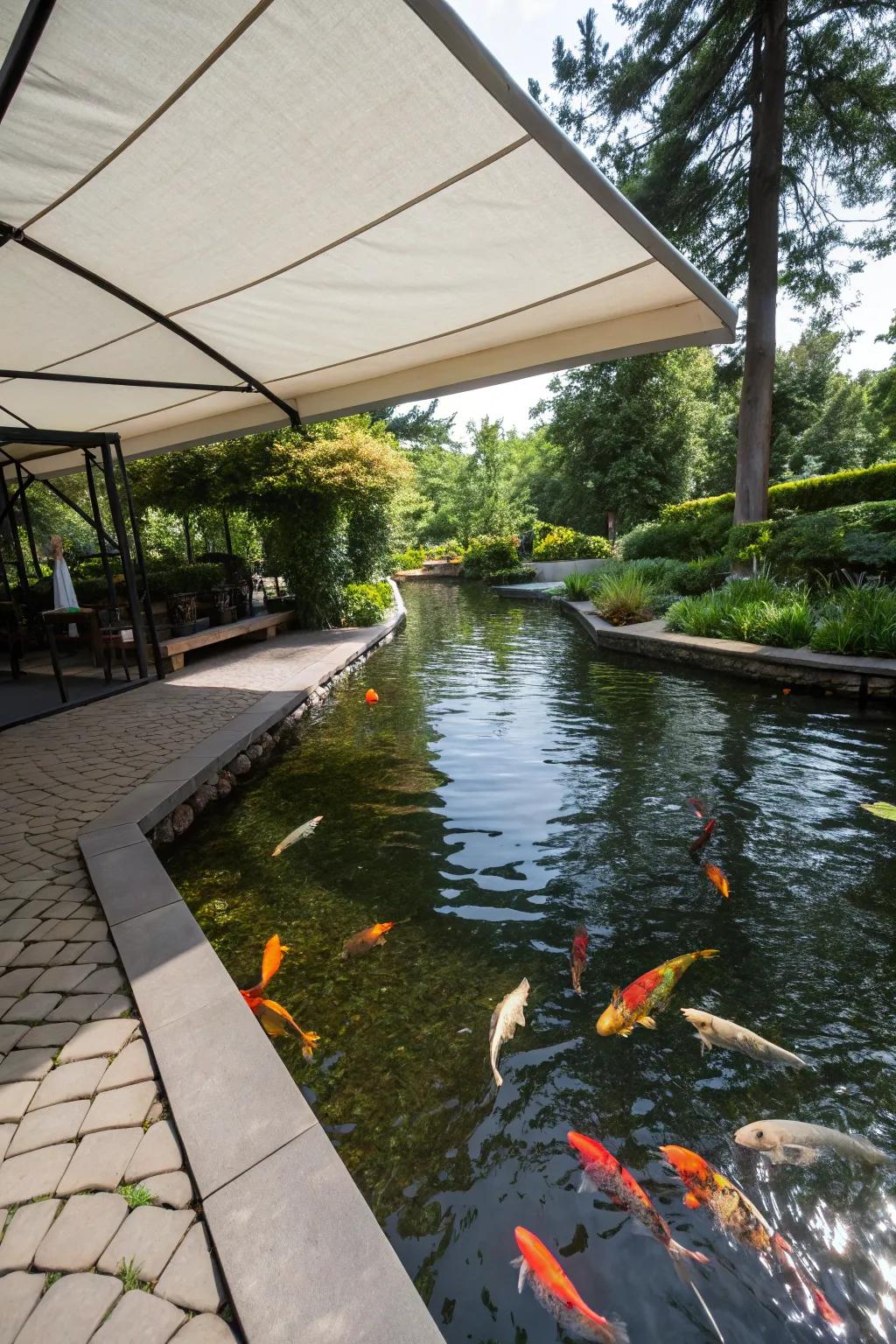A koi pond featuring an adjustable awning, offering flexible shade solutions.