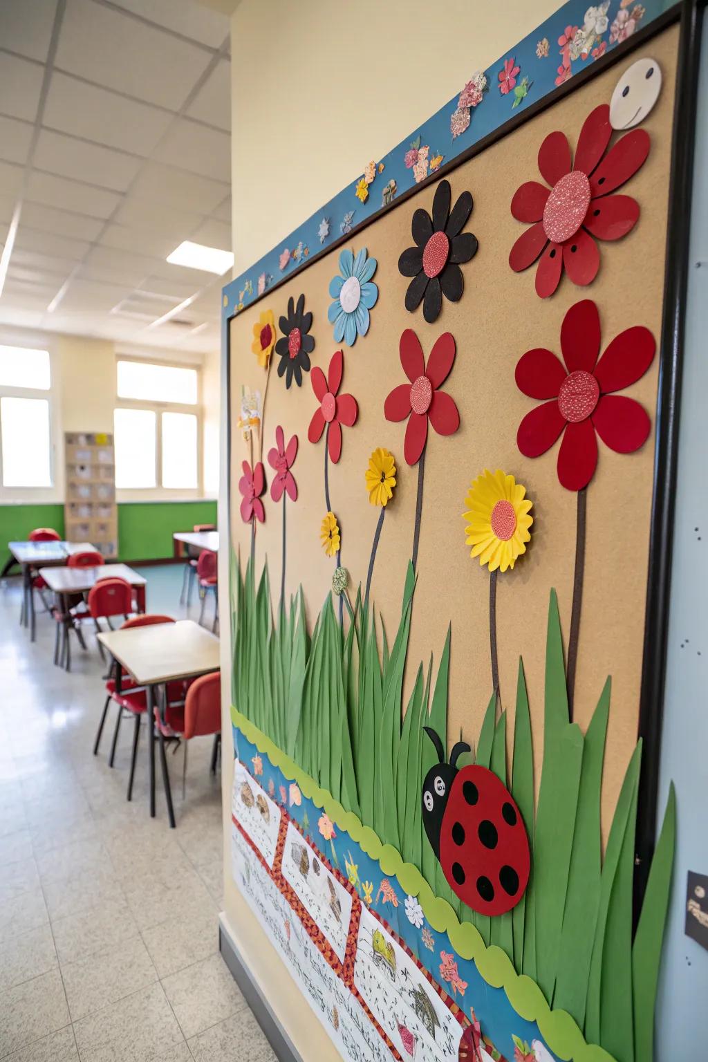 A nature-inspired ladybug bulletin board bringing the outdoors inside.