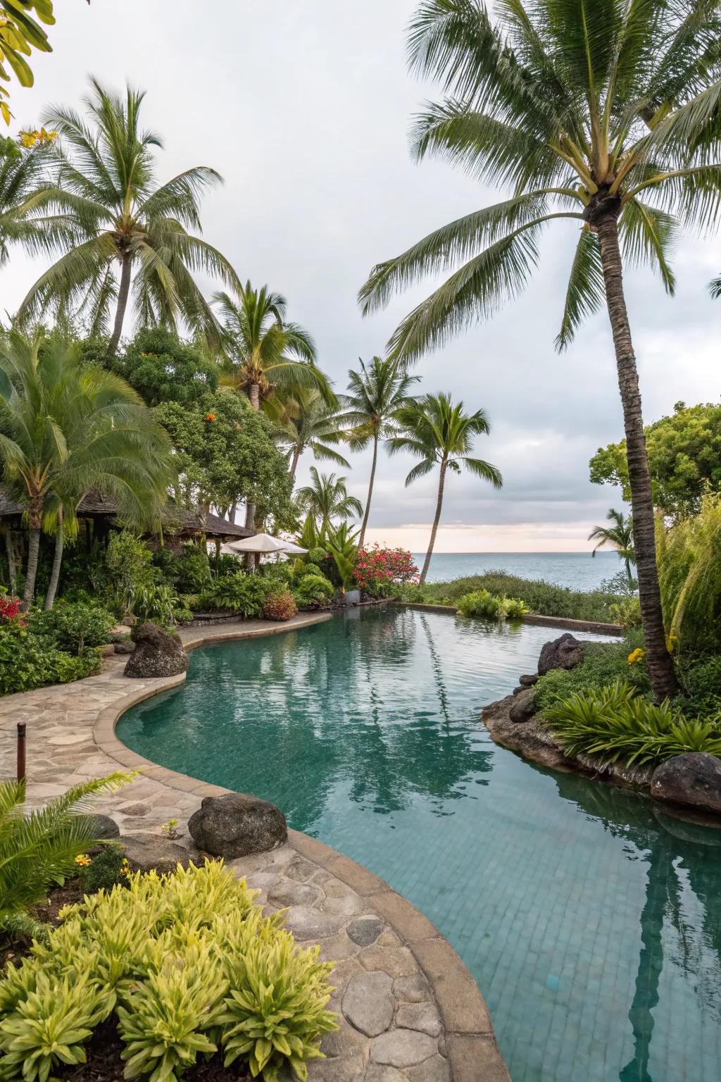 Lush landscaping elevates the tropical ambiance of a lagoon pool.