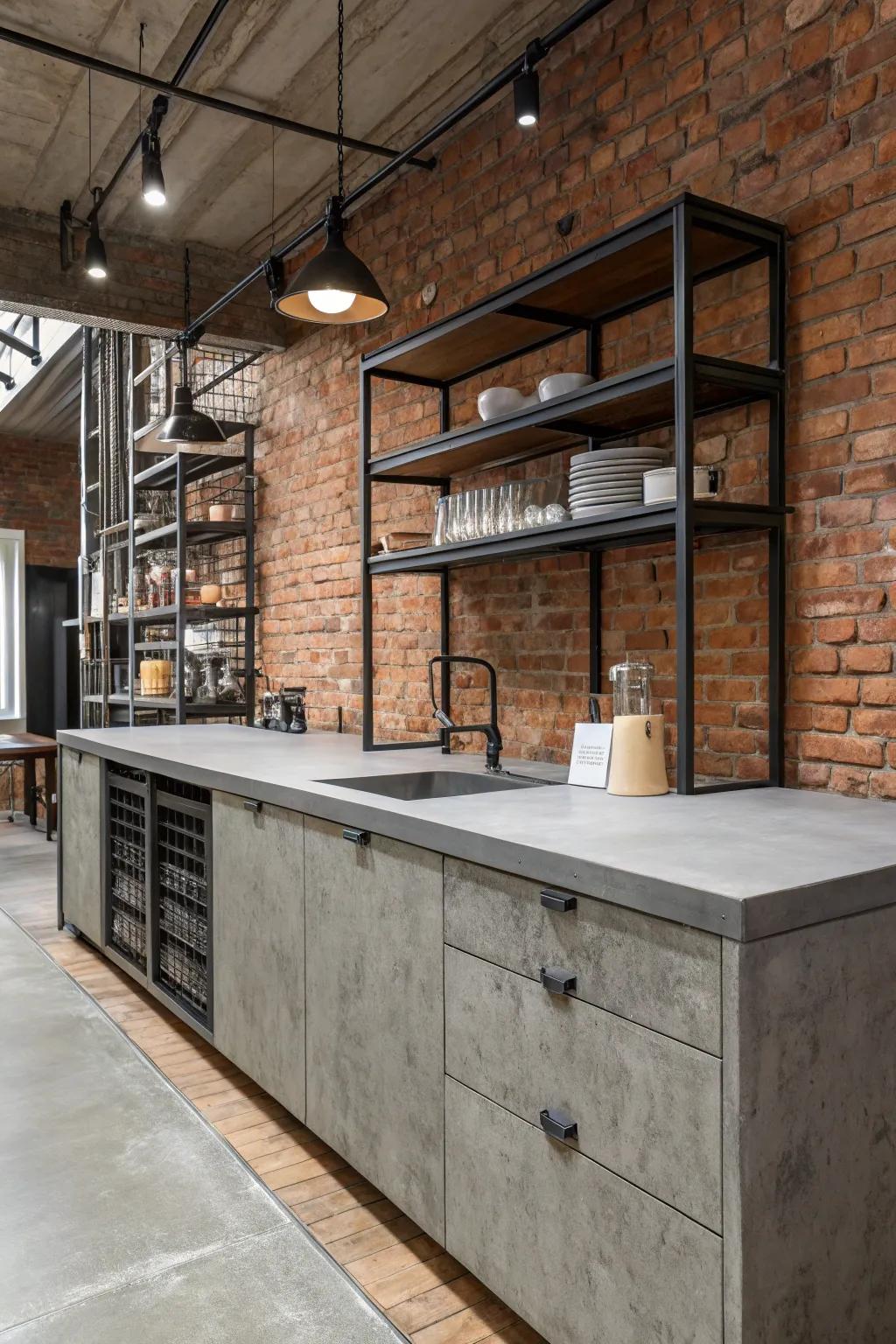 Cement-look laminate evokes a contemporary, industrial kitchen setting.
