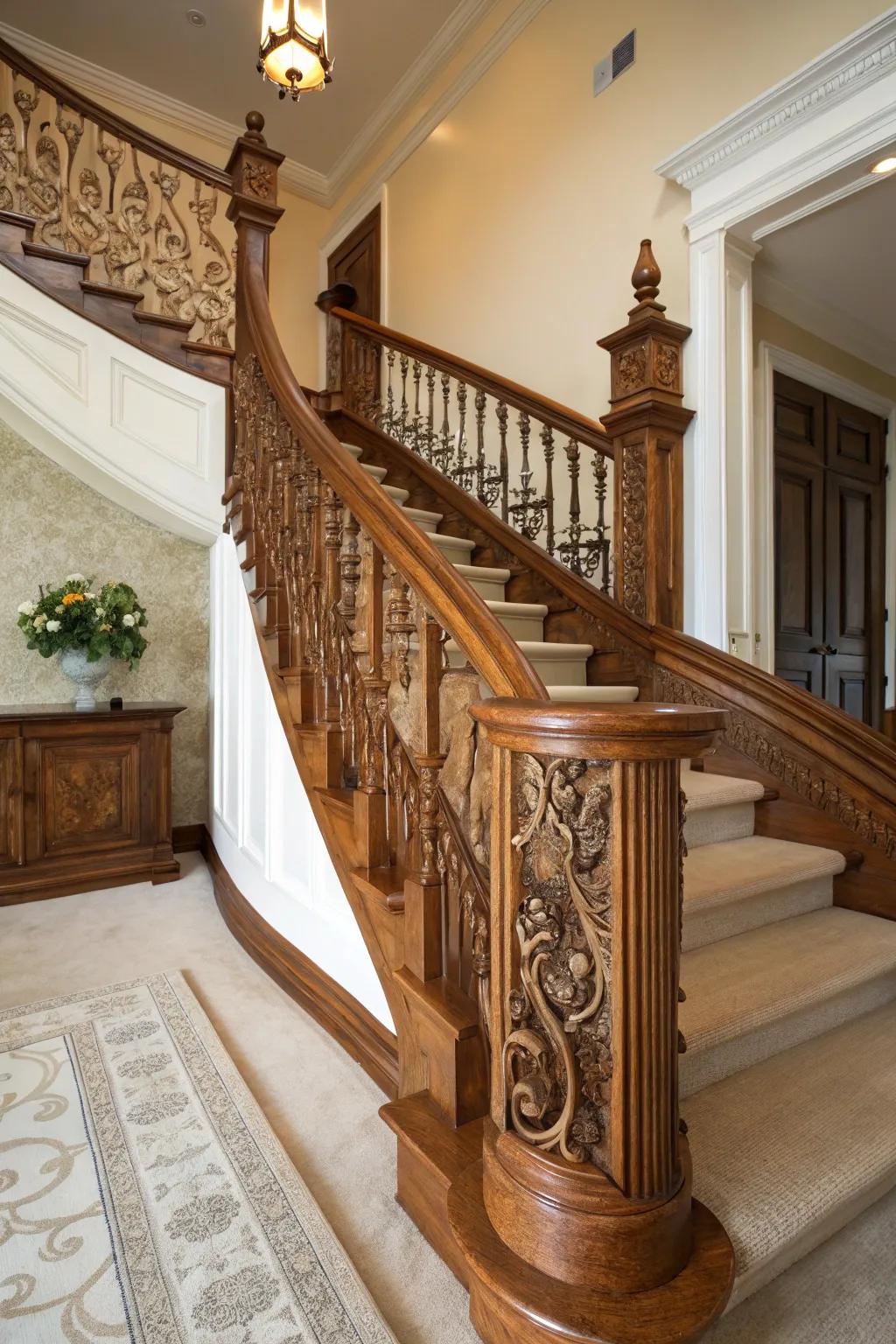 Ageless wooden banister showcasing elaborate carvings.