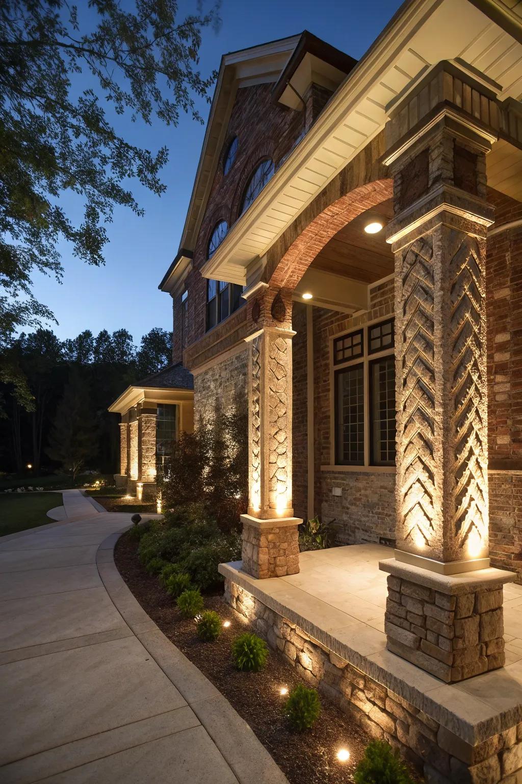 Elegant architectural details illuminated to shine at night.