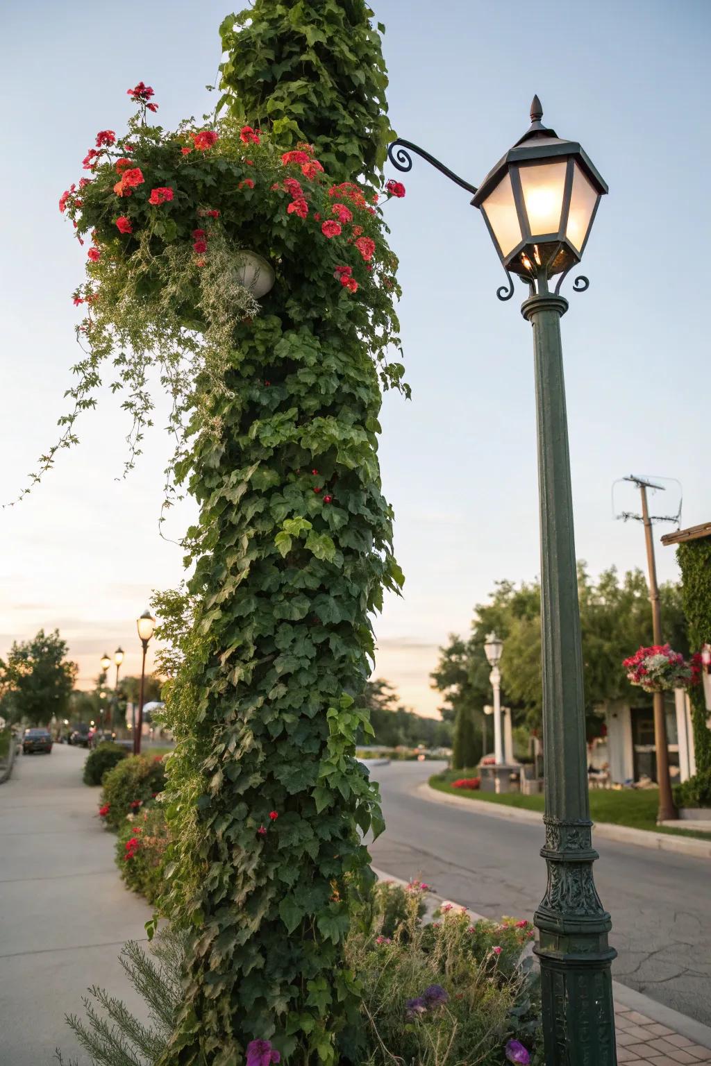 Climbing vines imparting natural grace to a lamp post.