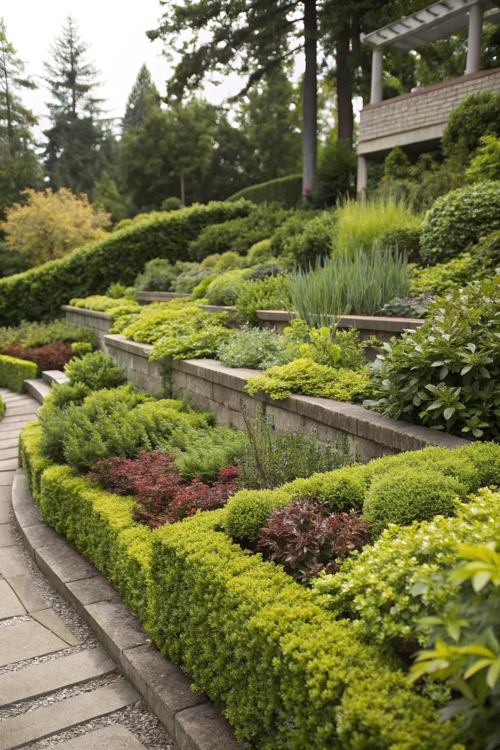 A tiered garden bed displaying diverse plant heights for increased depth.