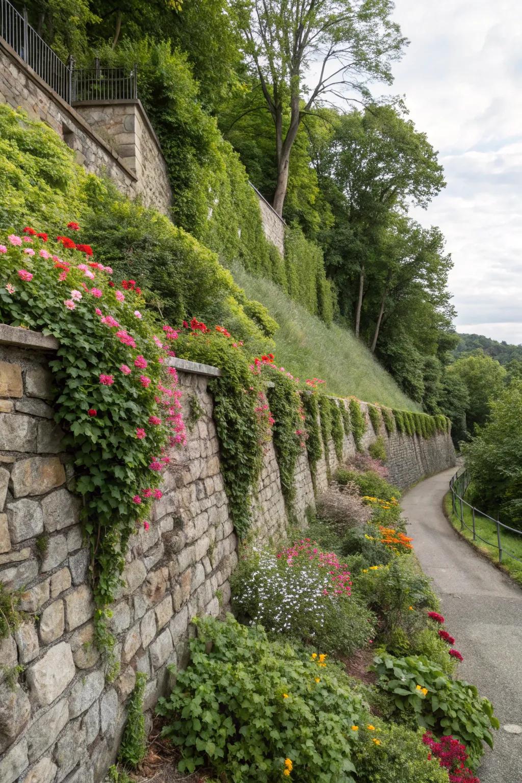 Supporting walls bring organization and sophistication to inclined landscapes.