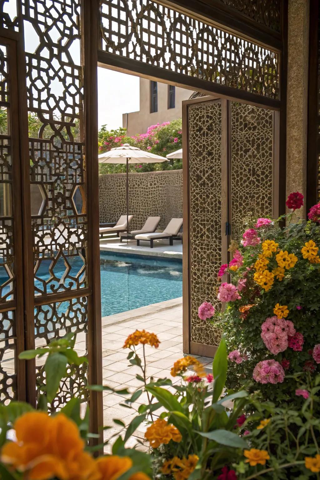 Artistic panels offer a fashionable approach to concealing pool equipment while enhancing visual interest.
