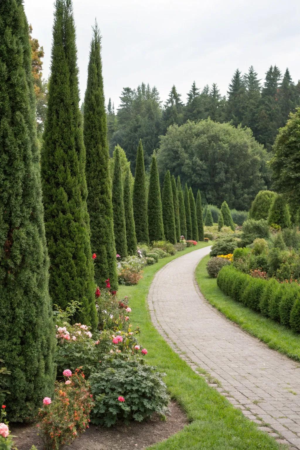 Precisely arranged evergreens guide you across the garden.