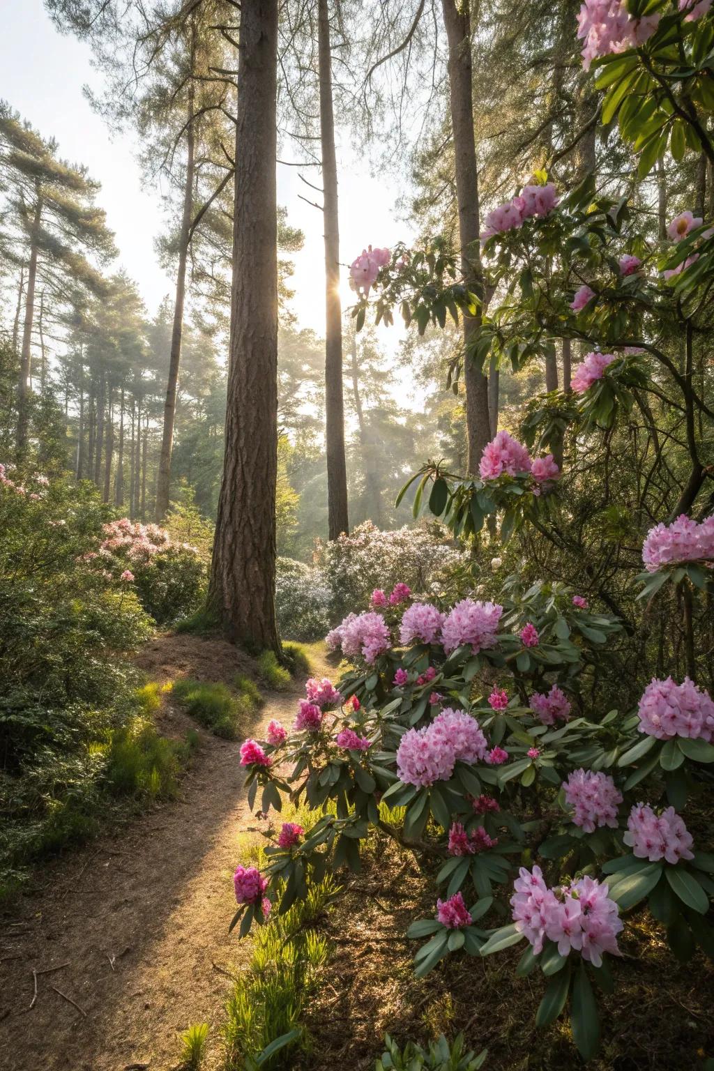 Rhododendrons thrive in a serene woodland setting.