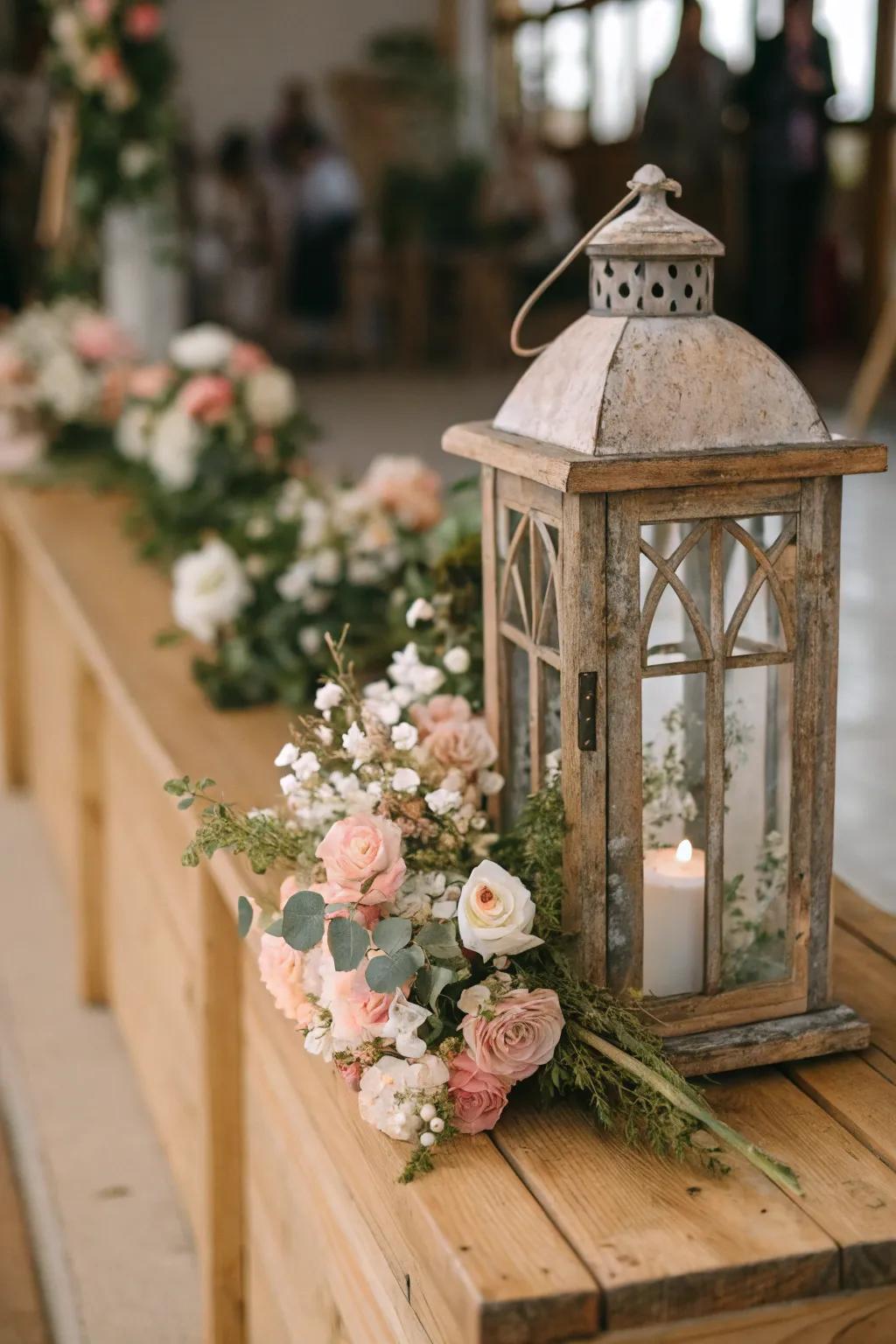 A country lantern elegantly adorned with fresh flowers.