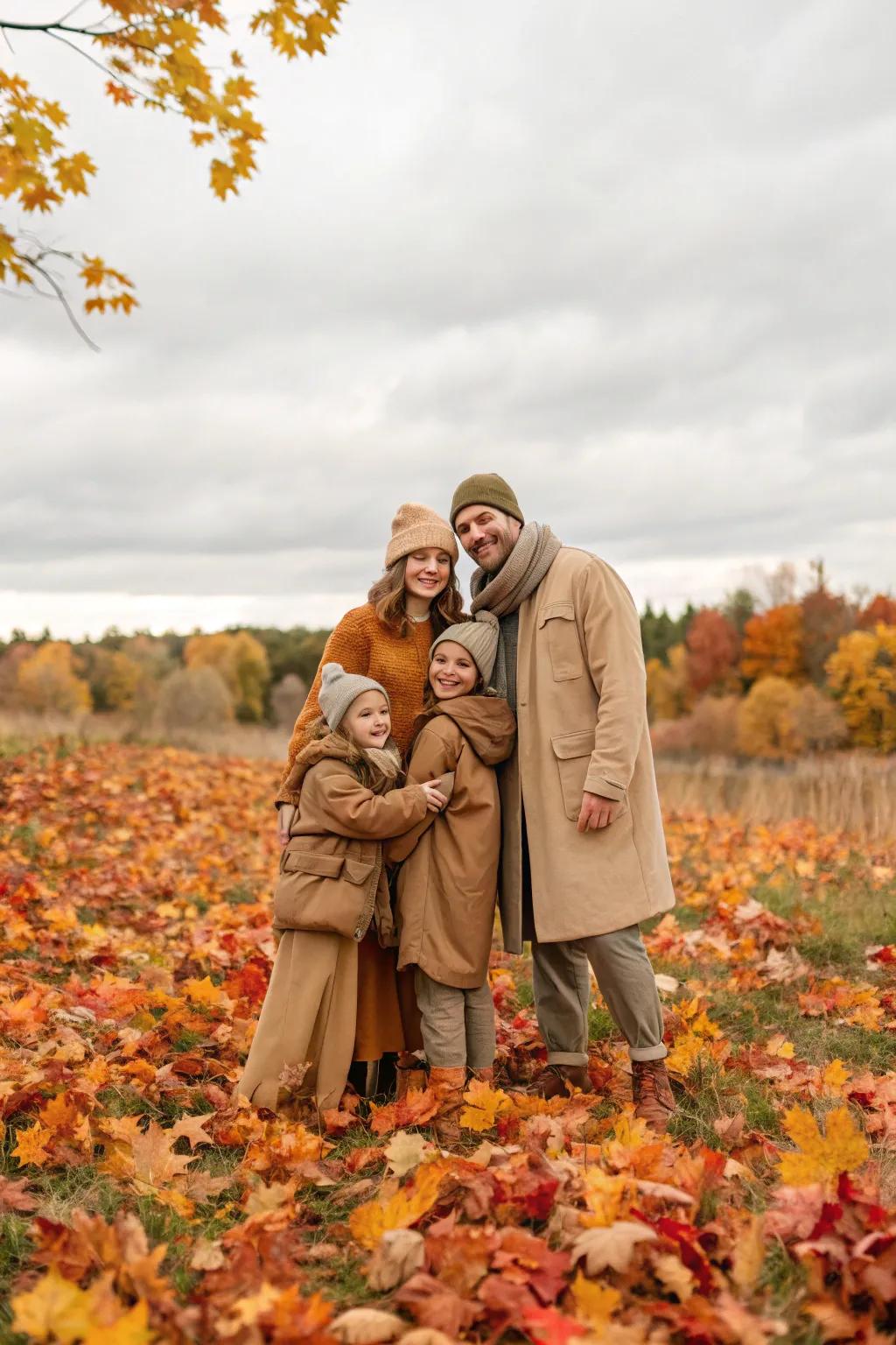 Natural grounded colors blend harmoniously with autumn scenery.