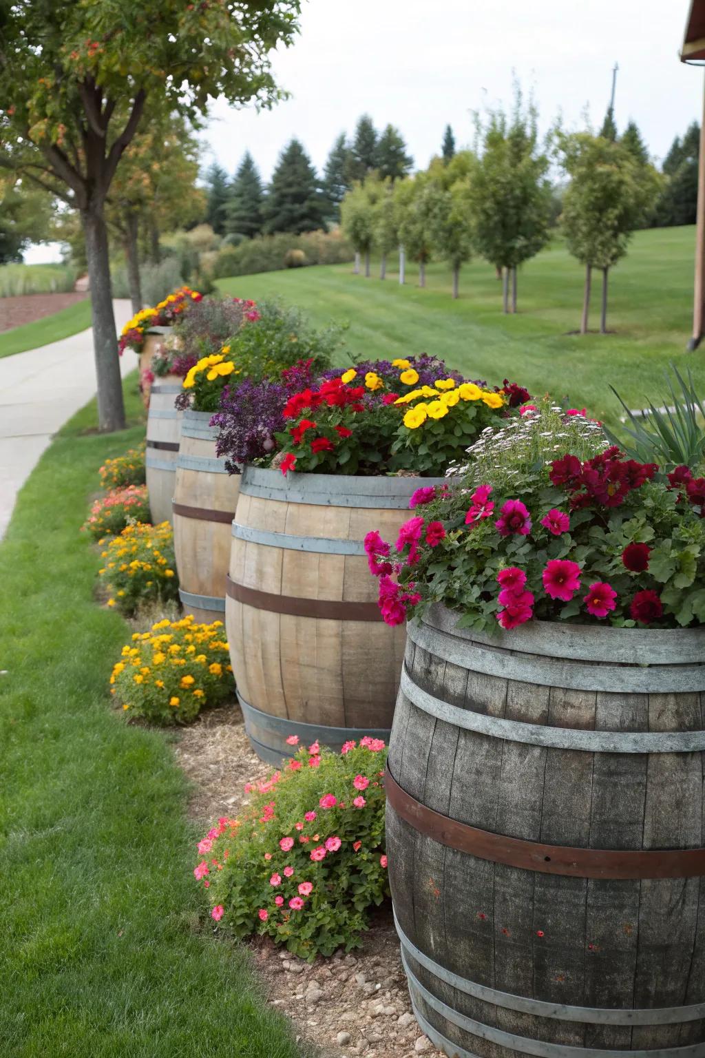 Infuse countryside allure with repurposed wine barrel planters.