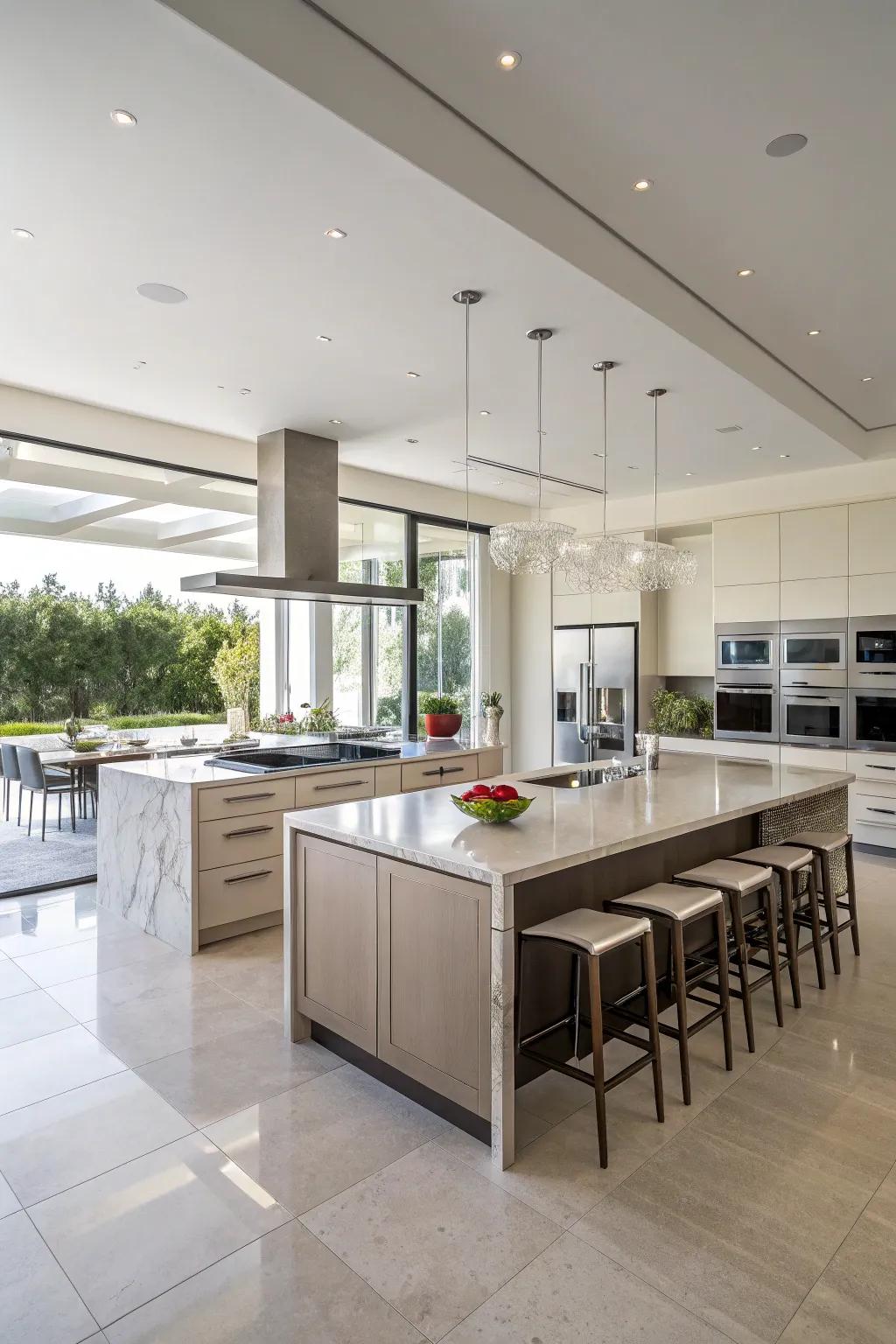A kitchen featuring two expansive islands, designed for both cooking and dining.