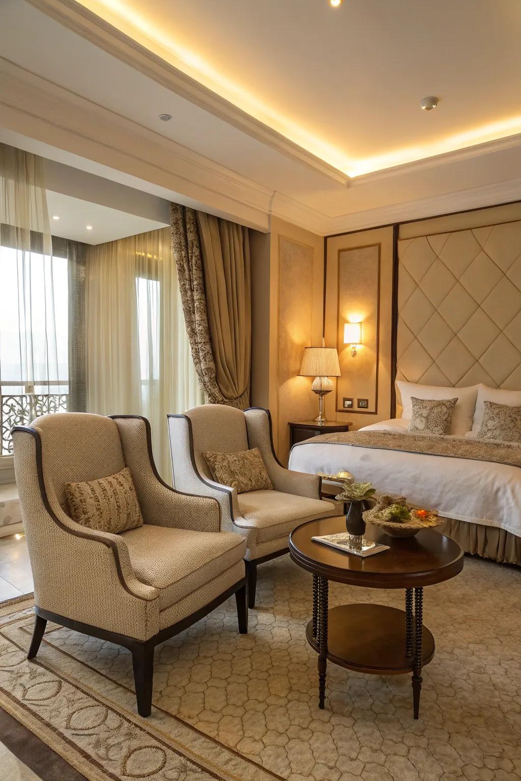 A welcoming seating area adds warmth and practicality to the bedroom.