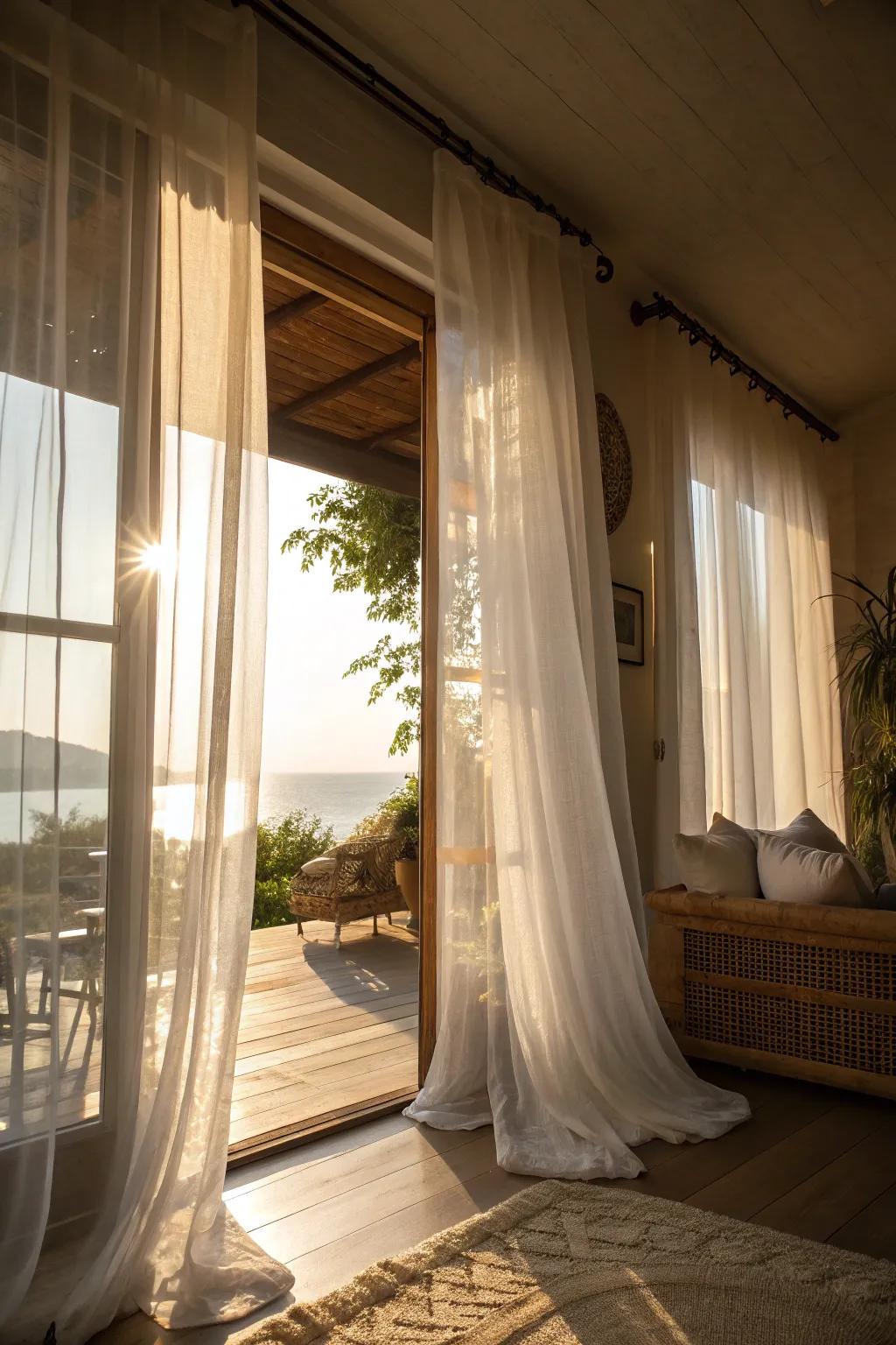 Sheer curtains create a luminous and airy setting.
