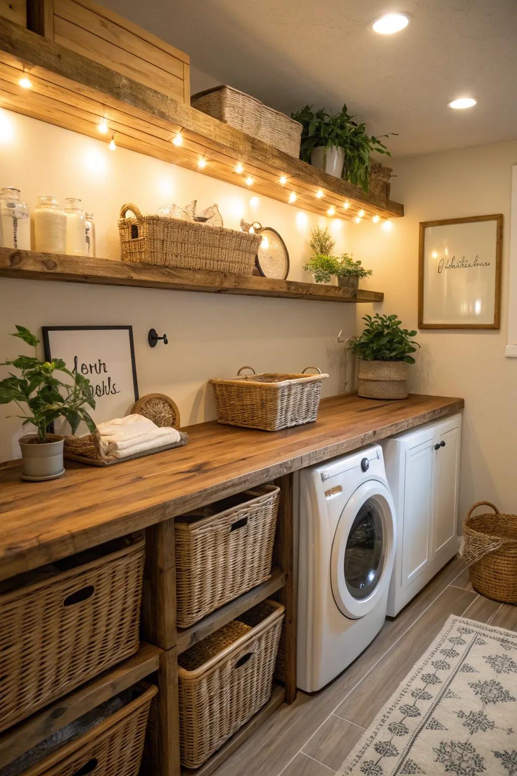Earthy wood brings a sense of warmth and charm to the laundry room.