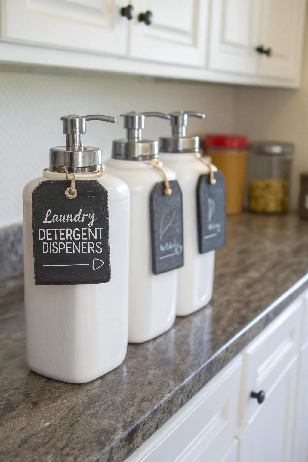 Slate labels provide a customized accent for detergent dispensers.