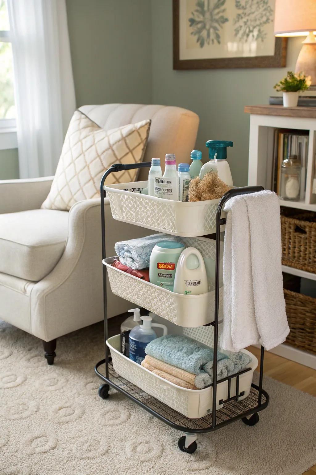 A chic rolling cart provides easy access to your laundry supplies.