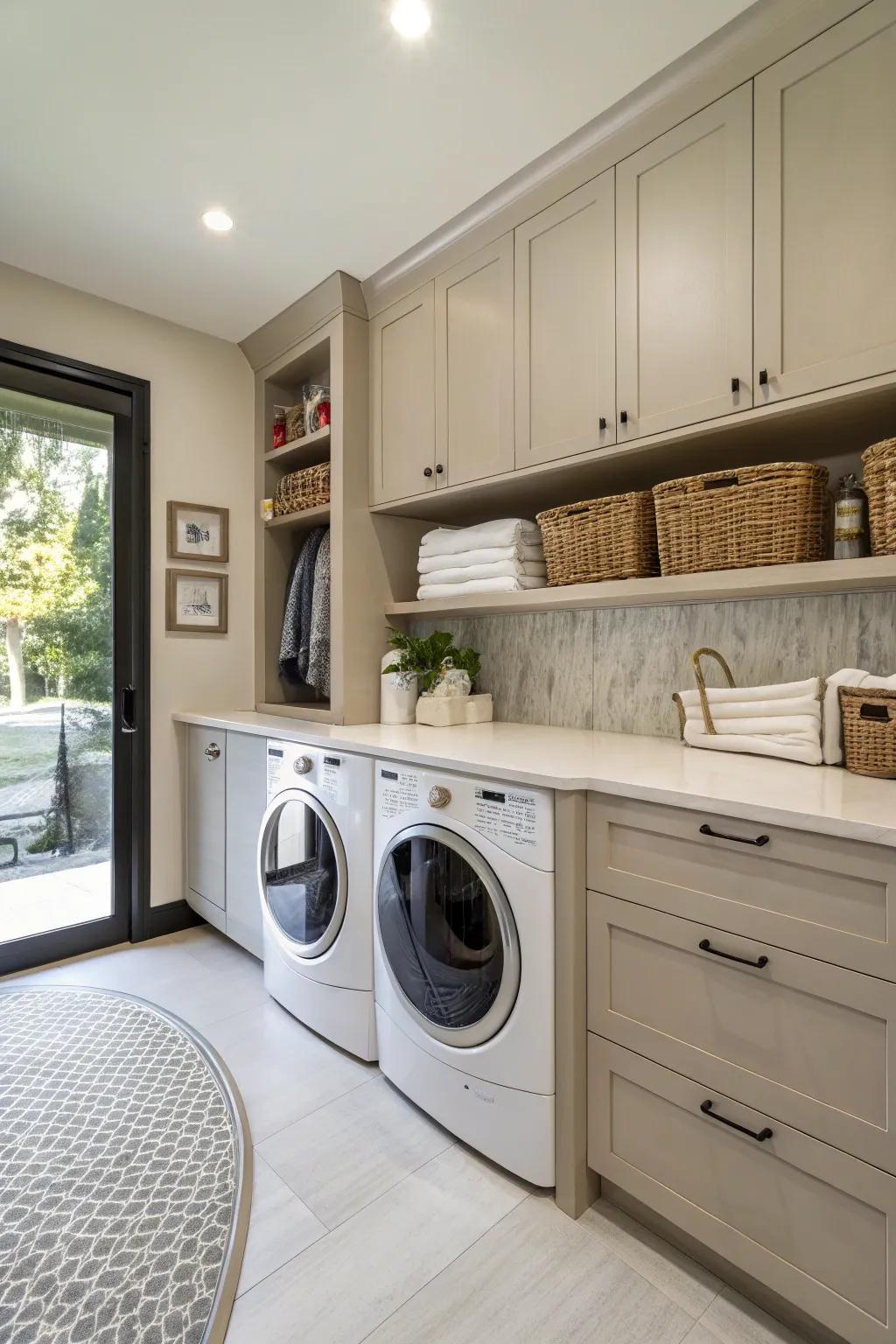 Cabinets inspired by furniture add elegance and charm to the laundry room.