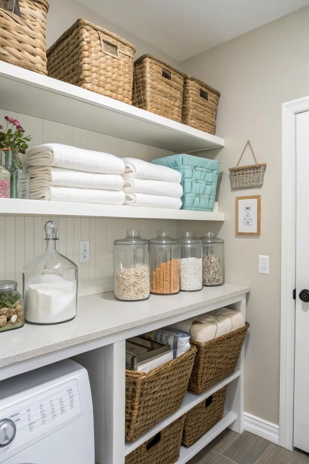 Open shelving balances practicality and visual appeal.
