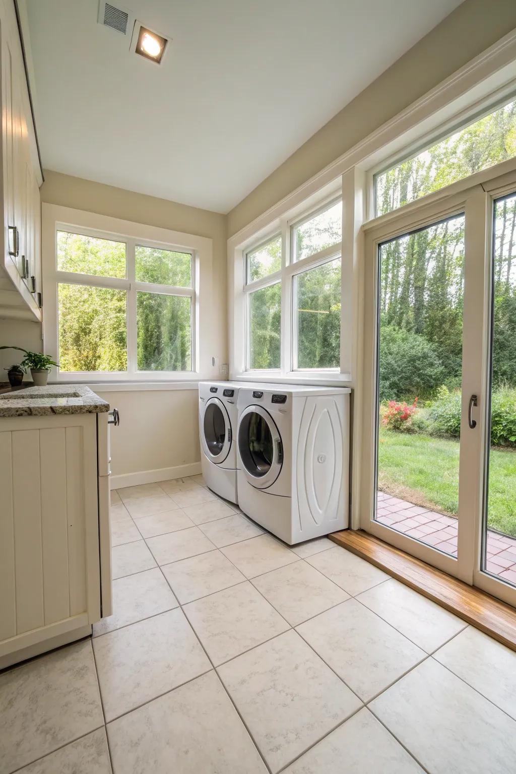 Light-colored tiles amplify sunlight in this inviting laundry room.