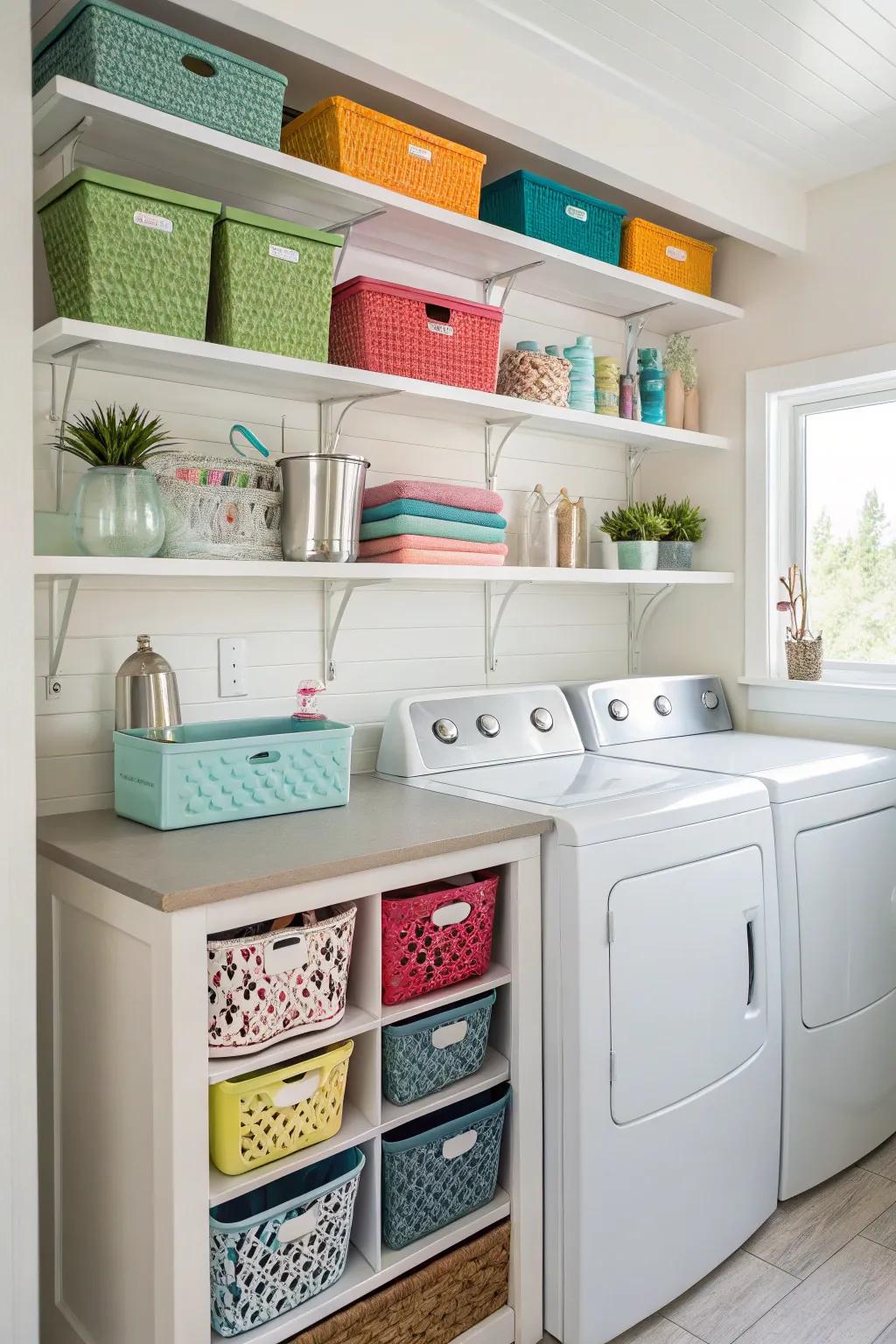 Exposed shelves deliver accessible storage along with a decorative component.