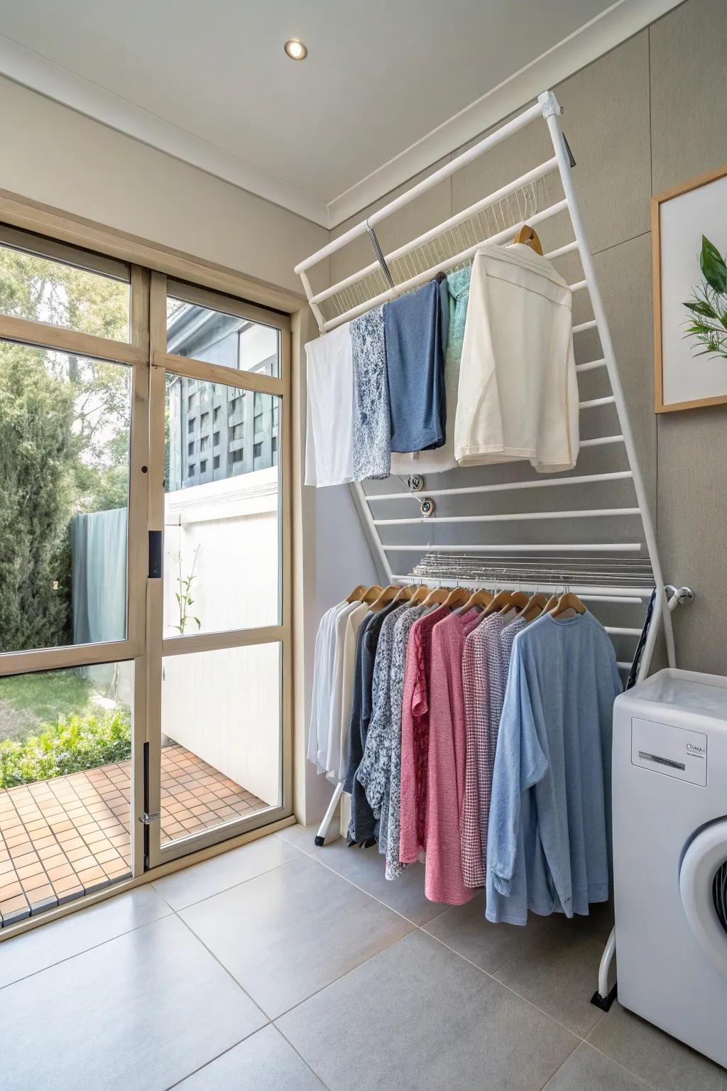 Space-saving drying racks help prevent wrinkles.