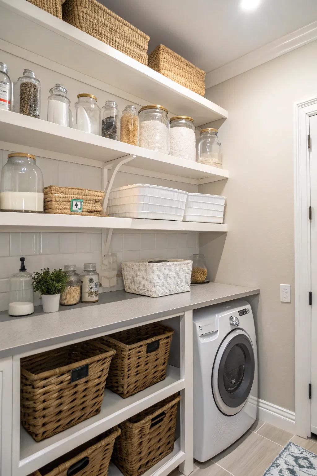 Open shelves make your laundry room stylish and easy to use.